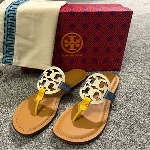 Tory Burch Miller Sandals Cream Bluewood Goldfinch Size 7.5 *BRAND NEW*